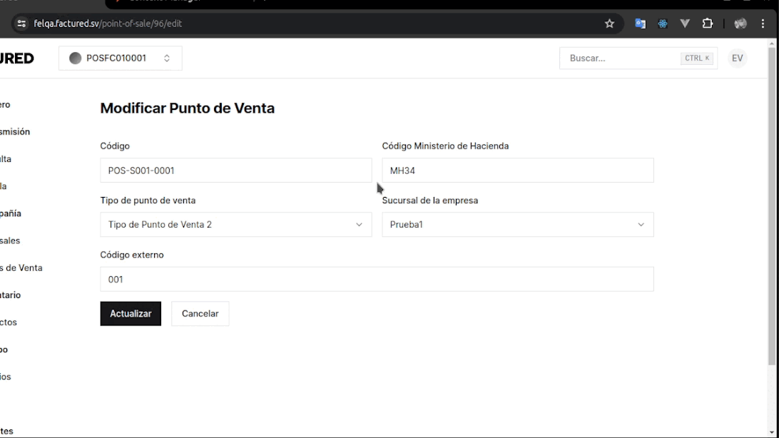 Actualizar punto de venta sale point